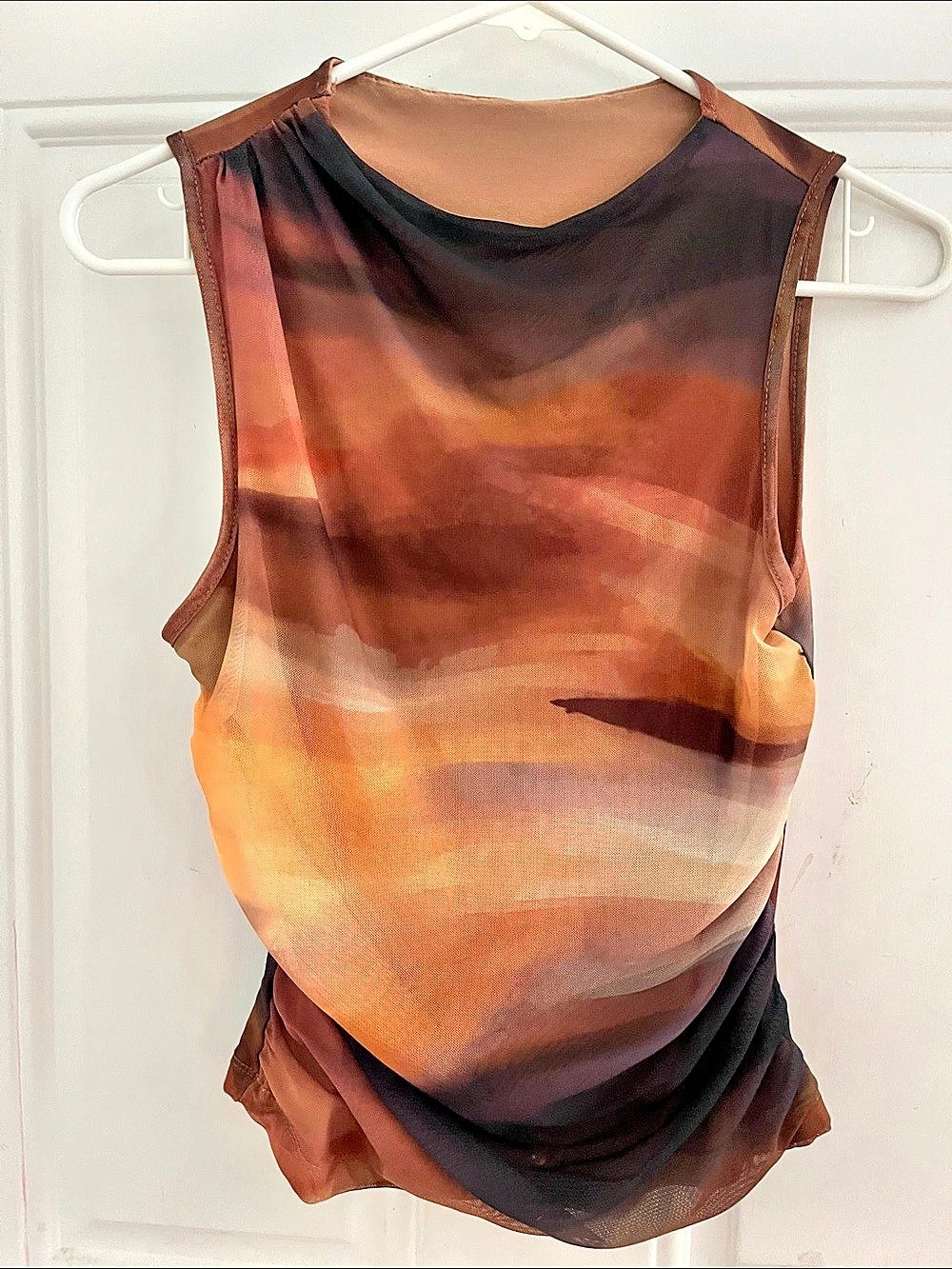 Abstract Draped Tank Top in Brown & Orange Like New